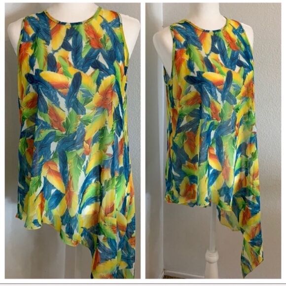 Feather Print Asymmetrical Tank Size L Green Blue Kay Celine Boho Hippie - Picture 1 of 8